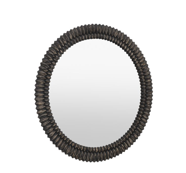 Contemporary Black Washed Textured Wood Round Wall Mirror - 90cm