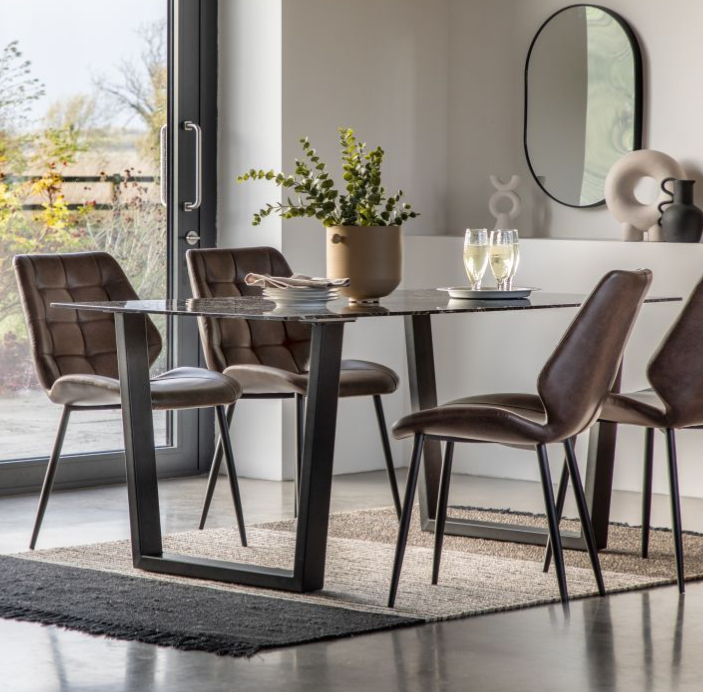 Saltford Rectangle Dining Table, Black Marble, Black Metal