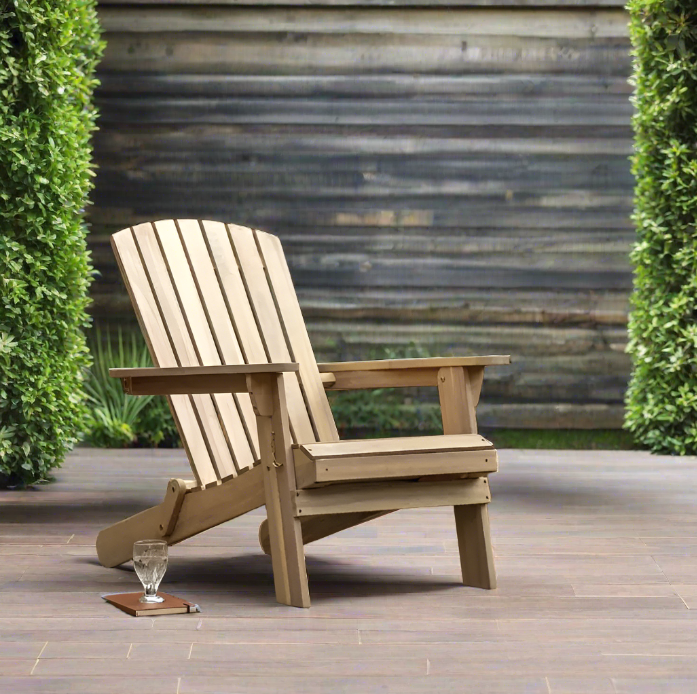 Ostara Outdoor Lounge Chair, Footstool, Natural Acadia Wood