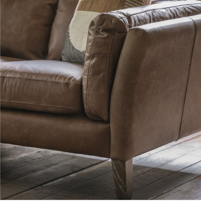 Kyoto 2 Seater Sofa, Brown Leather, Cushioned Arms, Robust Solid Ash Legs