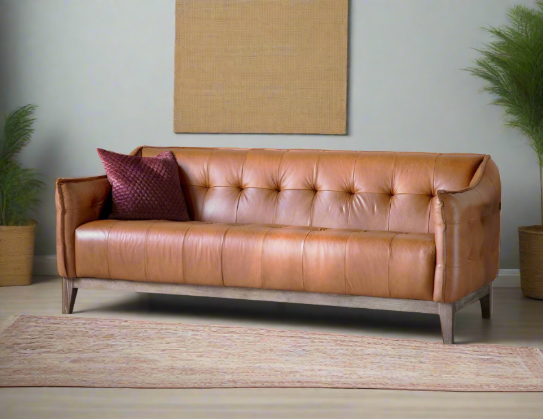 Verona 3-Seater Tan Leather Button Sofa