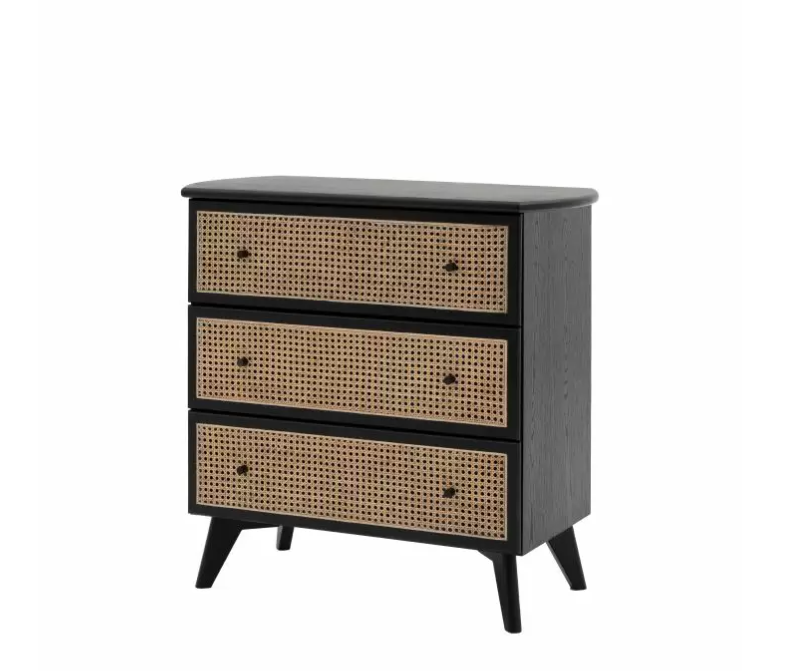 Florence Boutique Black Oak & Natural Rattan 3 Drawer Chest