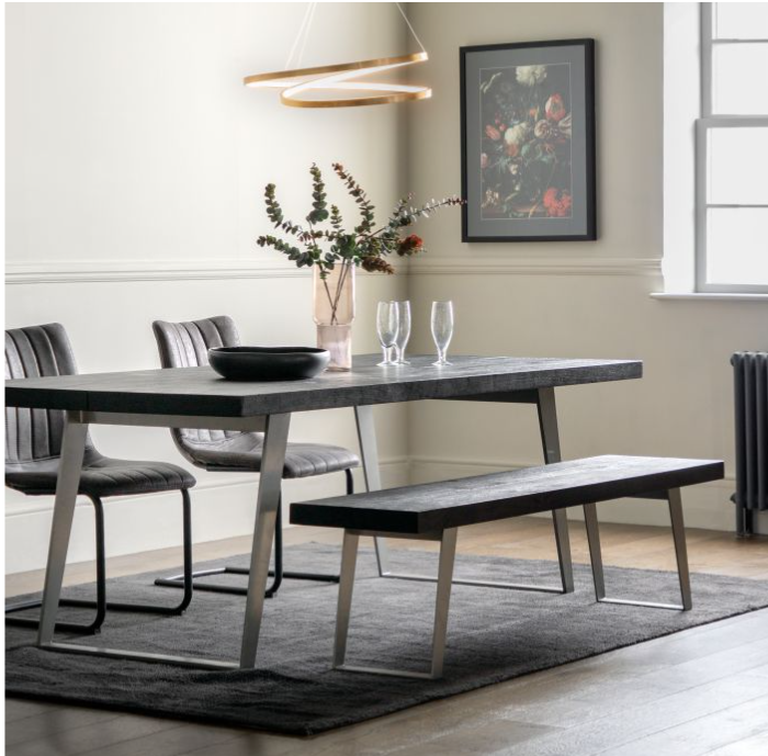 Perugia Rectangle Dining Table, Black Acadia Wood, Brushed Silver - Large