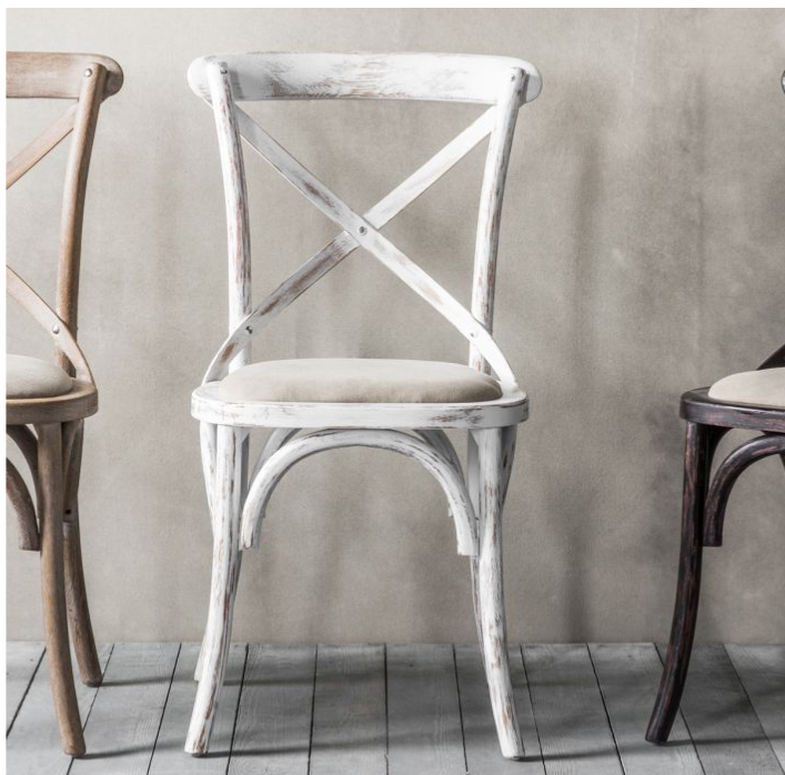 Set of Two Cross Back Chairs with Distressed White Wood Finish and Canvas Seat Pads