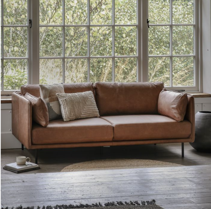 Dalston 3-Seater Brown Leather Sofa with Black Metal Legs