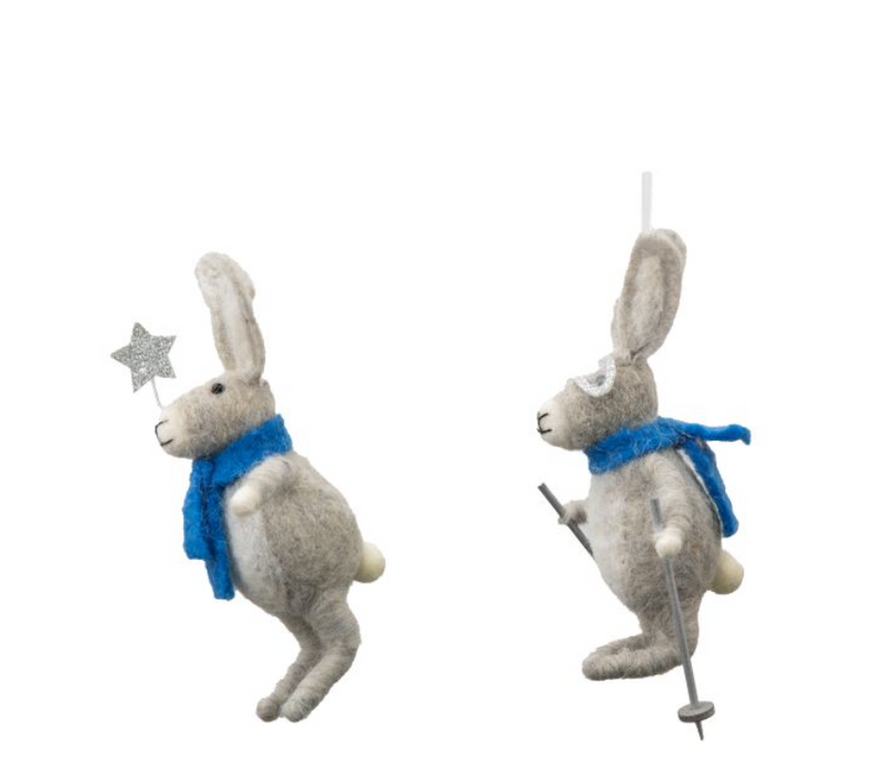 Skiing Grey Hares  Decorations Set Of 2