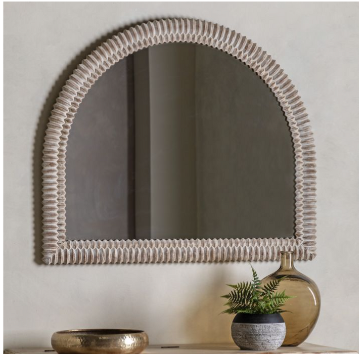 Pimlico Arch Overmantle Semi-Circle Whitewash Mirror with 3D Wooden Etching