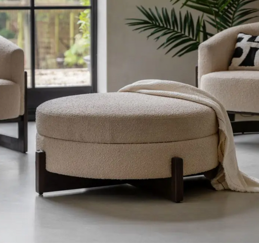 Luxurious Cream Bouclé Ottoman – Plush Upholstery & Dark Ash Wood Base - Decor Interiors