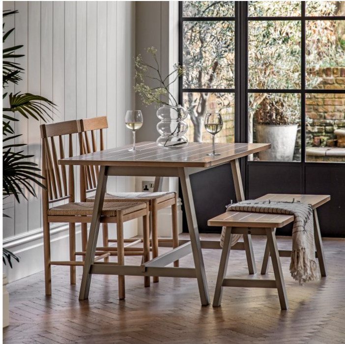 Salisbury Trestle Dining Table In Natural wood & Prairie