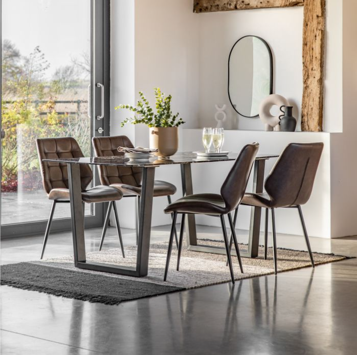 Saltford Rectangle Dining Table, Black Marble, Black Metal