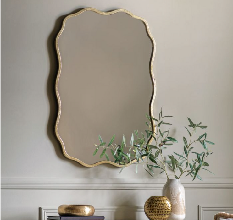 Sloane Quirky Wavy Edge Rectangular Metal Mirror in Rustic Gold Finish