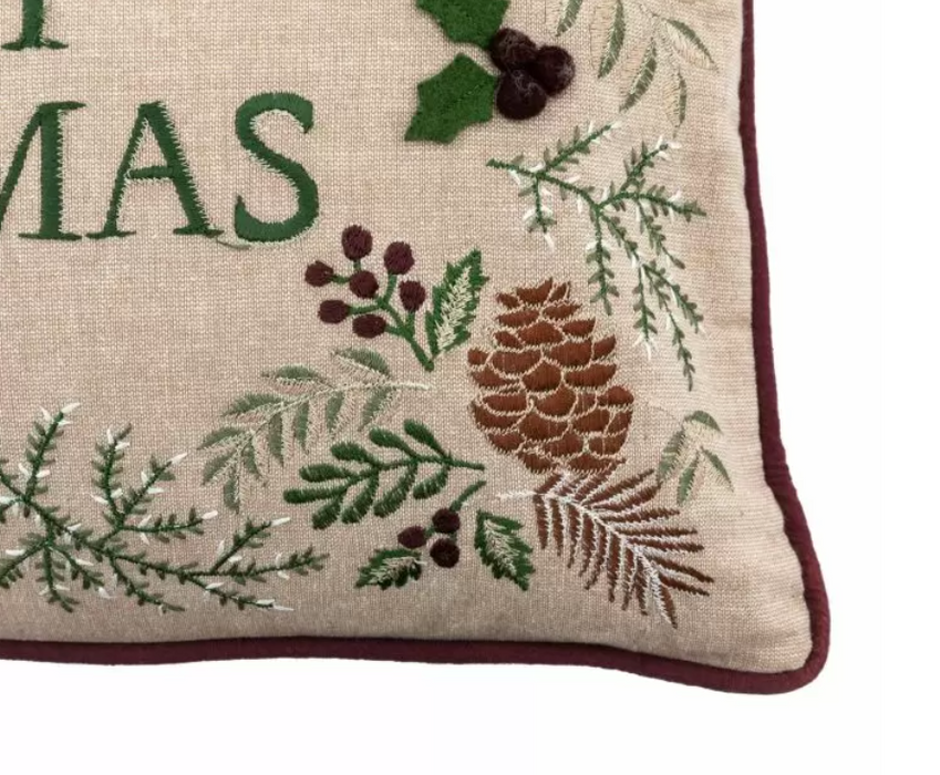 Embroidered Linen Merry Christmas Cushion