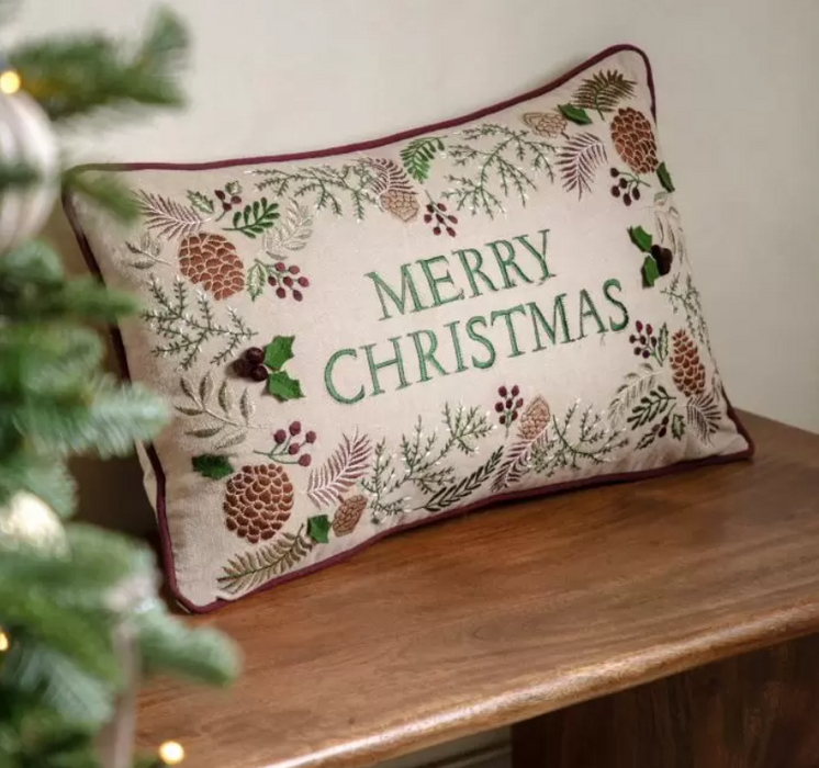 Embroidered Linen Merry Christmas Cushion