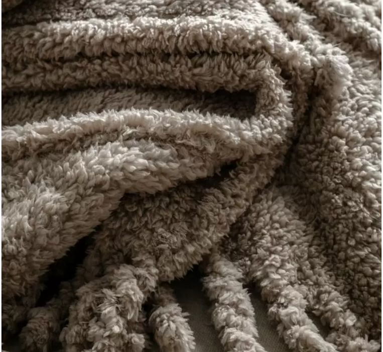 Luxurious Taupe Sherpa Throw Blanket with Fringed Edges