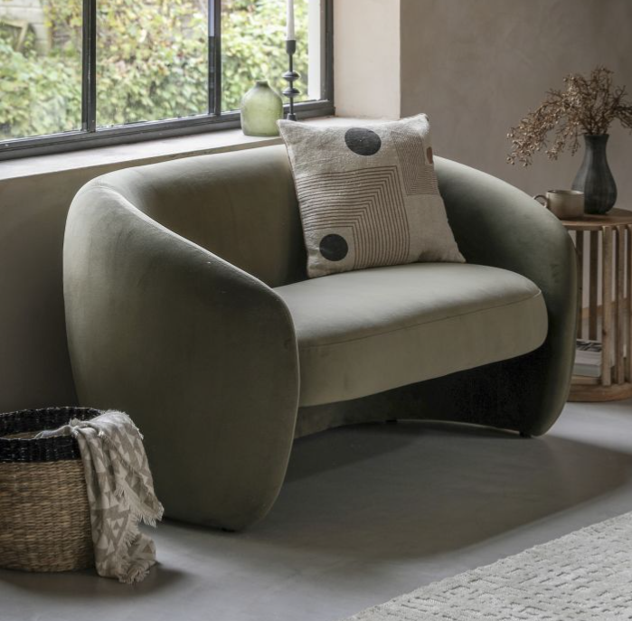 Florence Contemporary 2 Seater Curved Sofa in Moss Green Fabric