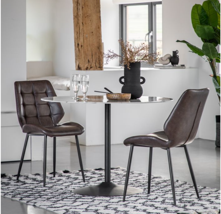 Fulton Modern Round Dining Table, White Marble, Black Metal