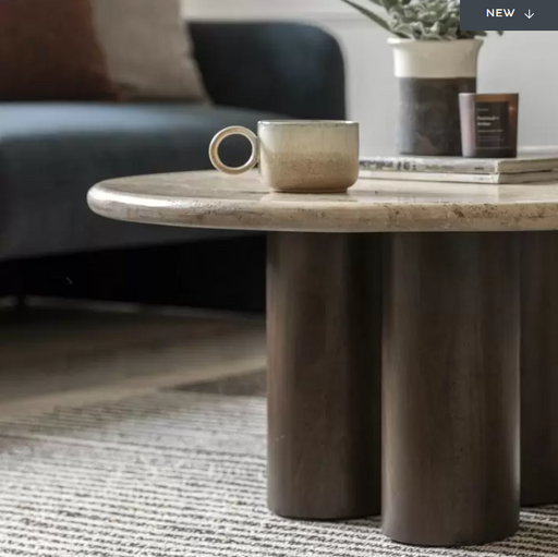 Modern Round Coffee Table – Travertine Top & Dark Mango Wood Cylinder Legs  