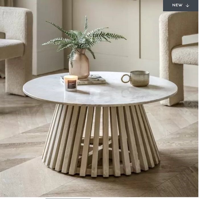 Linnea Round Coffee Table, Slatted Mango Wood, White Marble Tabletop