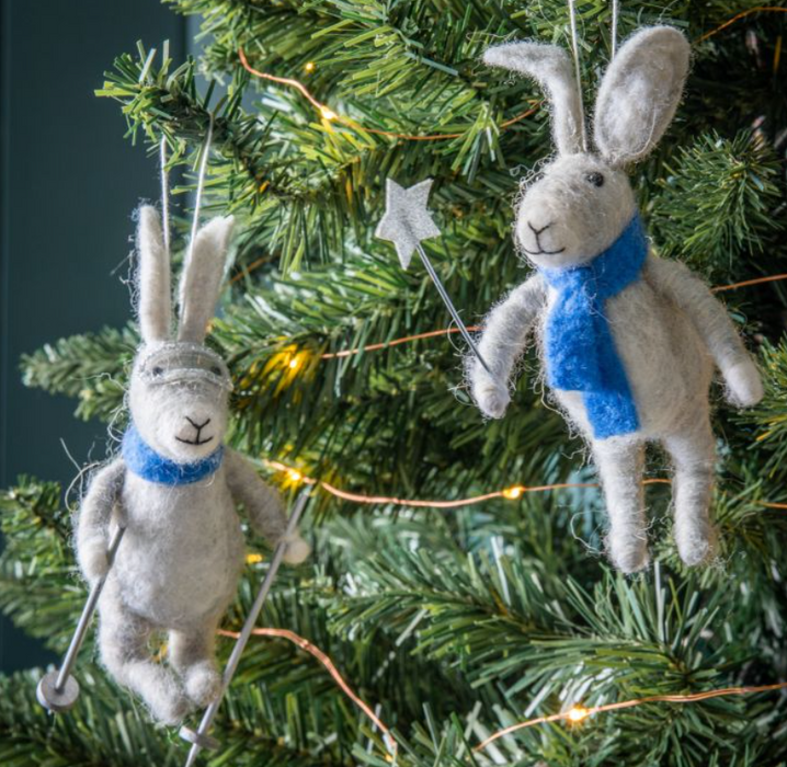 Skiing Grey Hares  Decorations Set Of 2