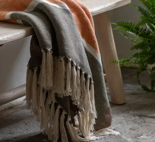 Modern Taupe Cotton Blend Throw – Soft Textured Fabric with Fringed Edges - Decor Interiors