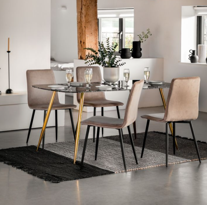 Ewarts Dining Table, Black Marble Effect, Gold Metal Legs