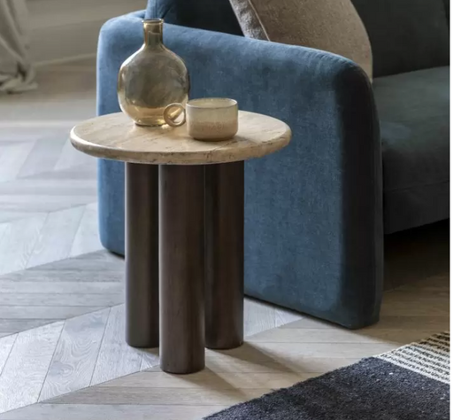 Modern Travertine & Mango Wood Side Table – Natural Stone Top & Sleek Design - Decor interiors