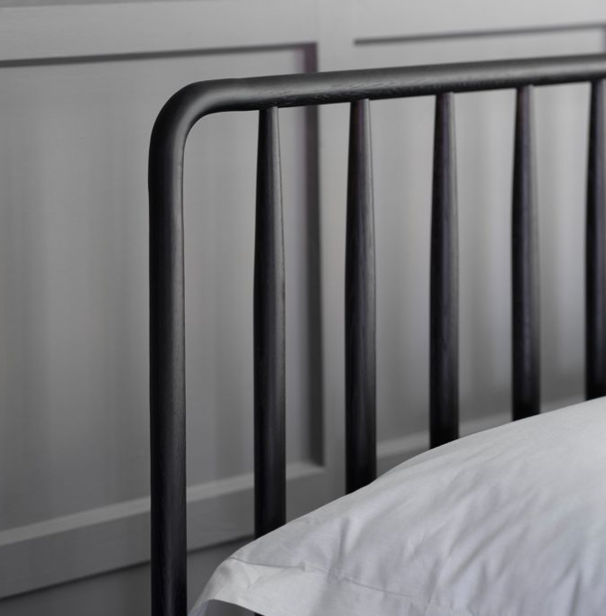 Modern Black Oak Double Bedstead, Spindle Headboard