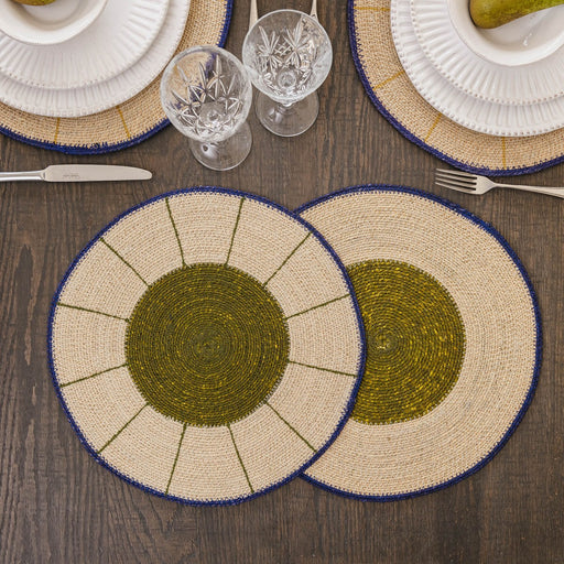 Madison Green Placemat, Brown Seagrass, Navy Border, 38cm