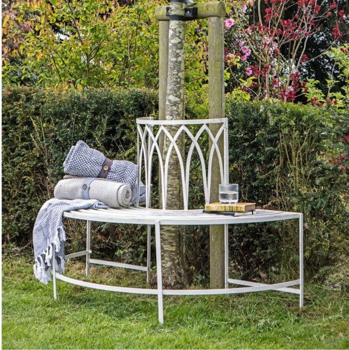 Beecham Outdoor Half Tree Bench Seat, Aged White, Metal ( Due back In 28/01/25 )