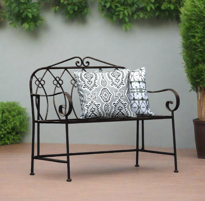 Morton Outdoor Metal Bench, Ornate, Black 