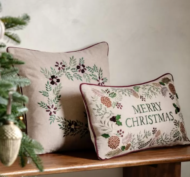 Embroidered Linen Merry Christmas Cushion