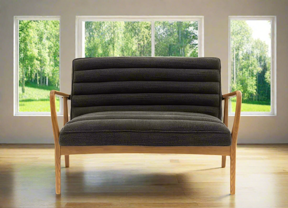 Charcoal Upholstered Oak Two-Seater Bench – Minimalist Mid-Century Design - Decor Interiors