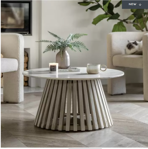 Elegant White Marble & Mango Wood Round Coffee Table – Modern Sculptural Design  