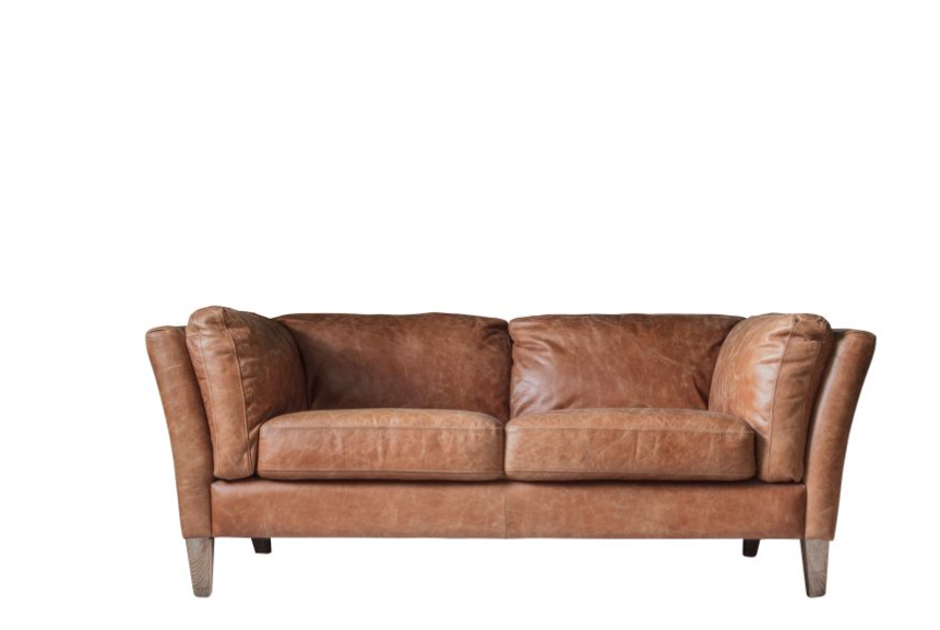 Kyoto 2 Seater Sofa, Brown Leather, Cushioned Arms, Robust Solid Ash Legs