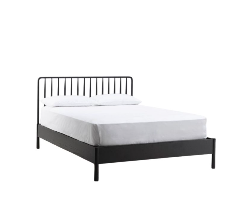 Modern Black Oak Kingsize Bedstead, Spindle Headboard