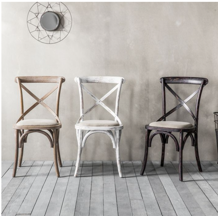 Cross Back Chairs with Distressed White Wood Finish - Canvas Seat Pads - S/2