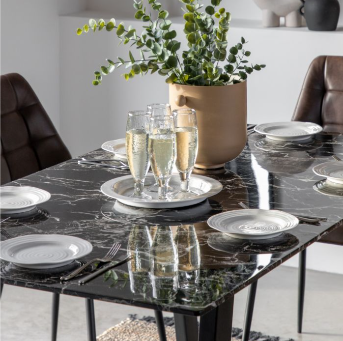 Saltford Rectangle Dining Table, Black Marble, Black Metal