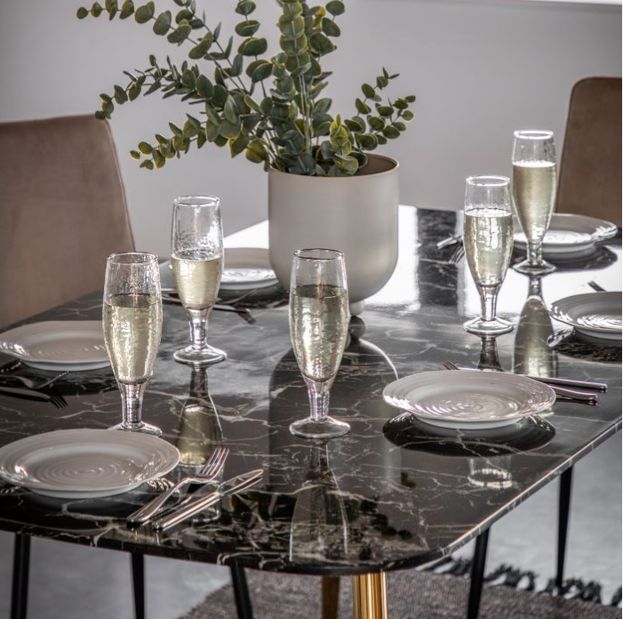 Ewarts Dining Table, Black Marble Effect, Gold Metal Legs