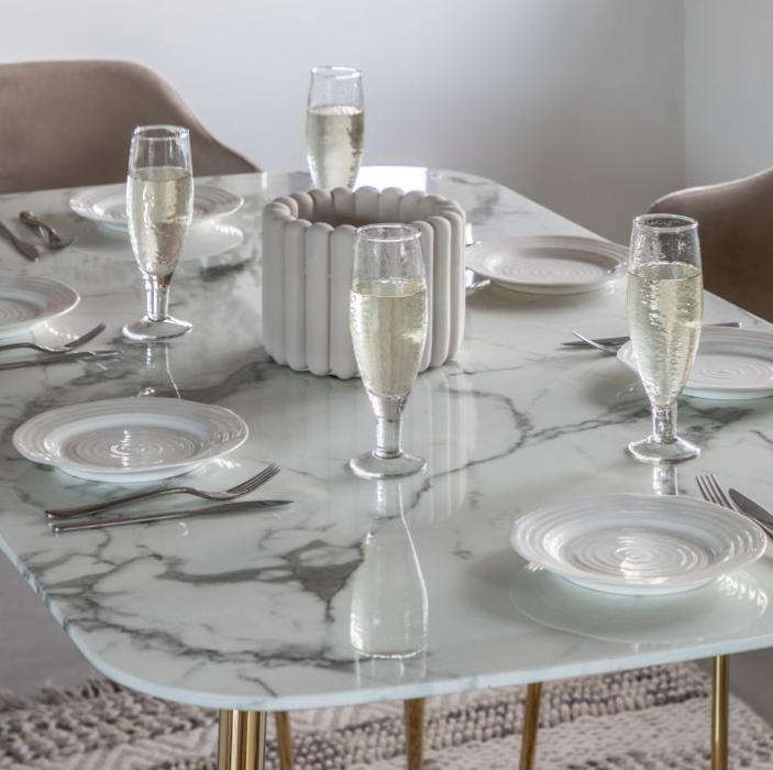 Ewarts Rectangle Dining Table, White Marble Effect & Gold Legs