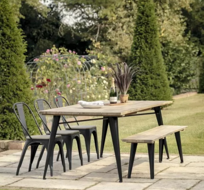 Ponza Outdoor Garden Dining Table, Natural Acadia Wood, Black Metal Legs