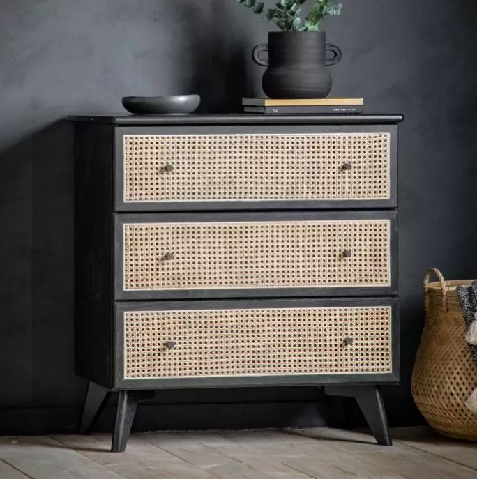 Skylar Black Oak and Natural Rattan 3 Drawer Chest