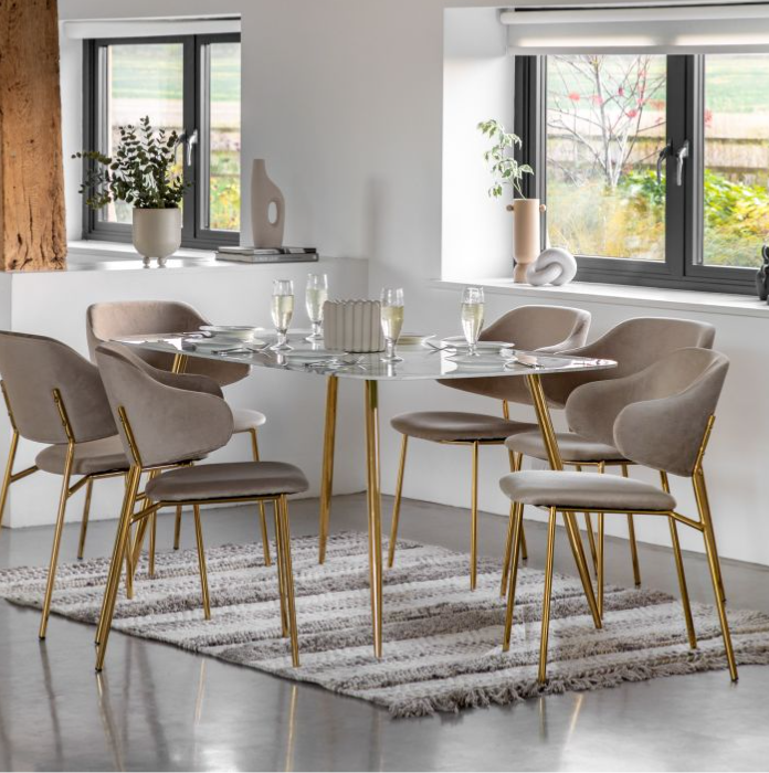 Ewarts Rectangle Dining Table, White Marble Effect & Gold Legs