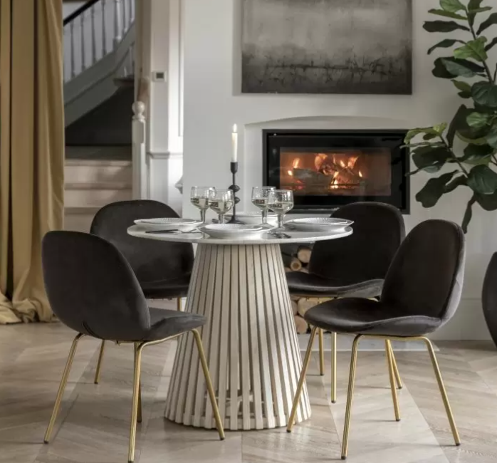 Cesena Round Dining Table, White Marble, Natural Slatted Mango Wood