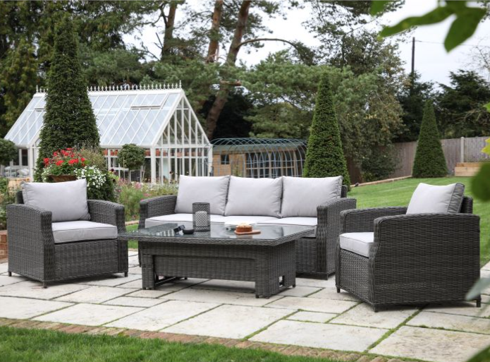 Langham Garden Furniture Dining Set, Dark Brown Rattan, Natural Cushions 