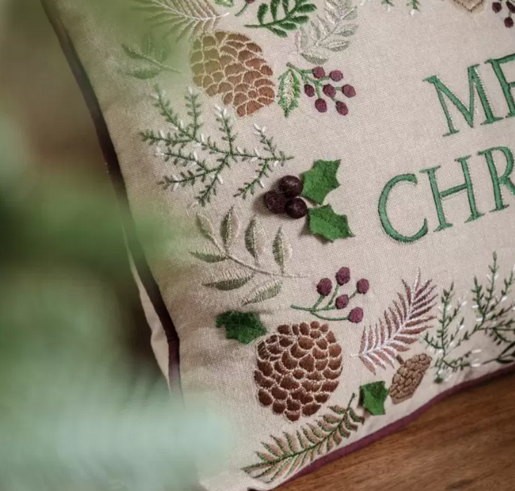 Embroidered Linen Merry Christmas Cushion