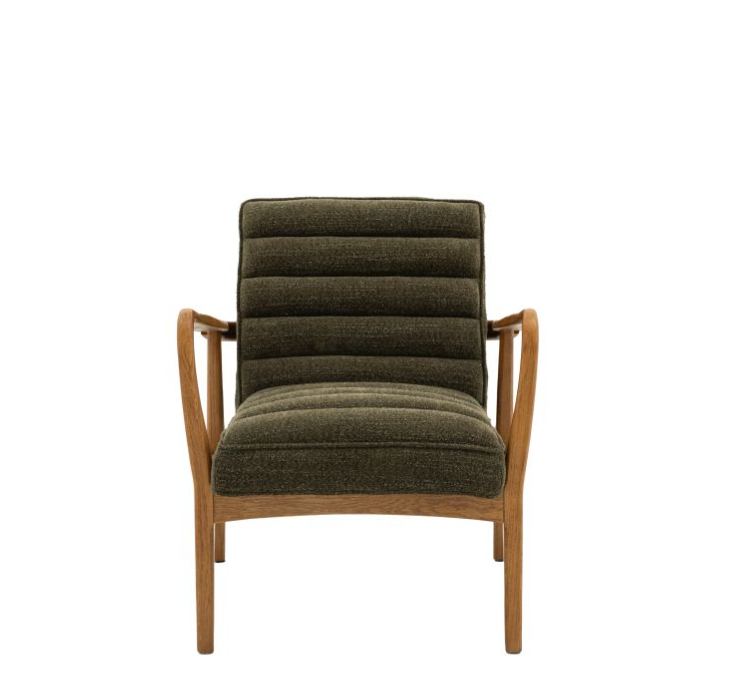 Deep Green Boucle Upholstered Armchair with Curved Wooden Frame