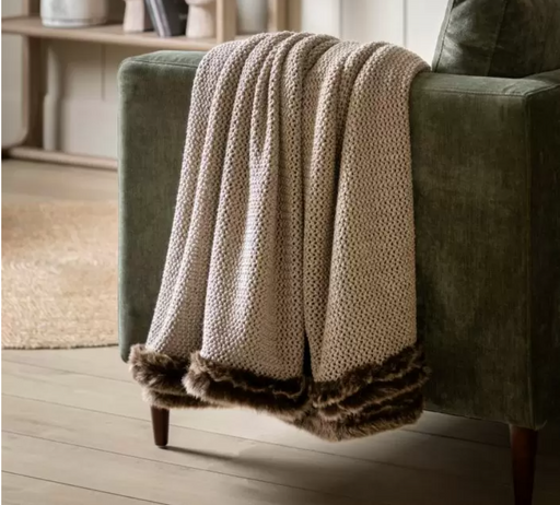 Softly Knitted Throw with Faux Fur Trim in Brown