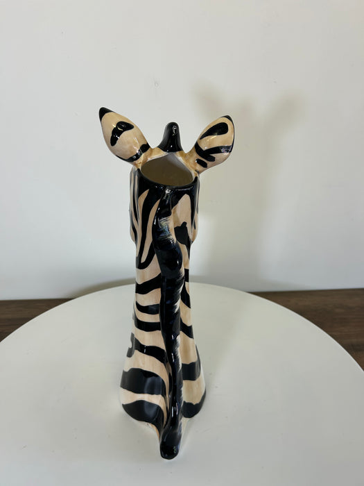 Zebra Head Flower Vase, Ceramic, Hand Painted, Black, White