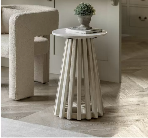 Linnea Side Table, Slatted Wood, White Marble Tabletop