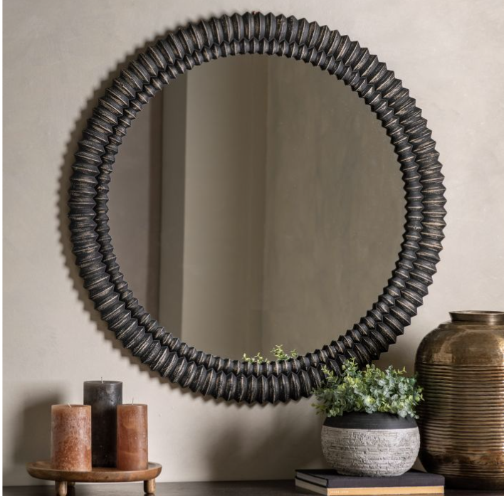 Pimlico Black Round Mirror with 3D Wooden Etching